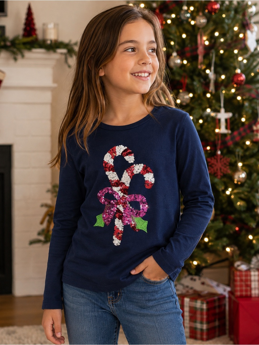 J.Crew Crewcuts Girls M 8-9 Navy Sequin Candy Cane Christmas Holiday Shirt